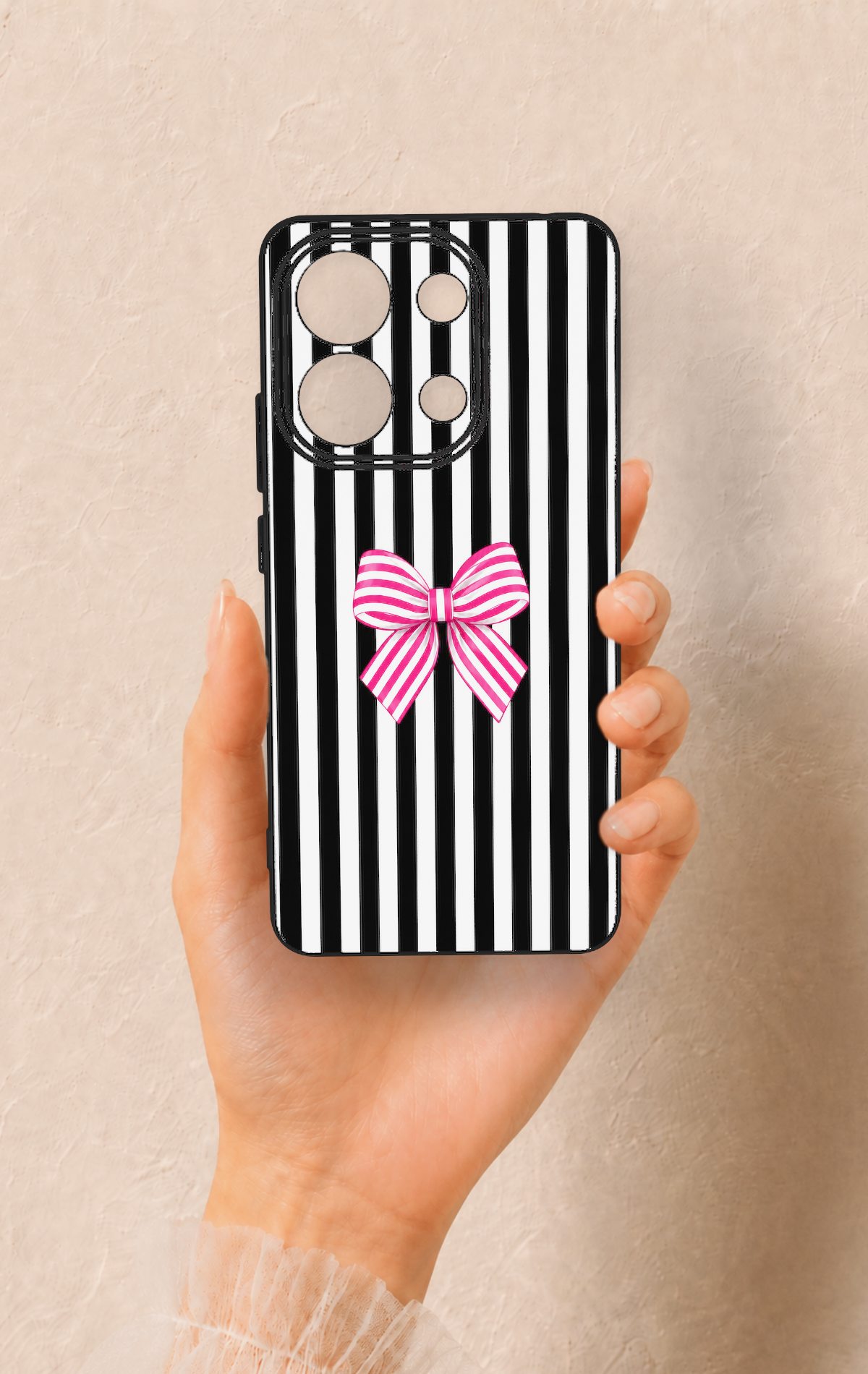 Redmi Note 13 4G Uyumlu Pembe Beyaz Kurdele Desenli Silikon Kılıf