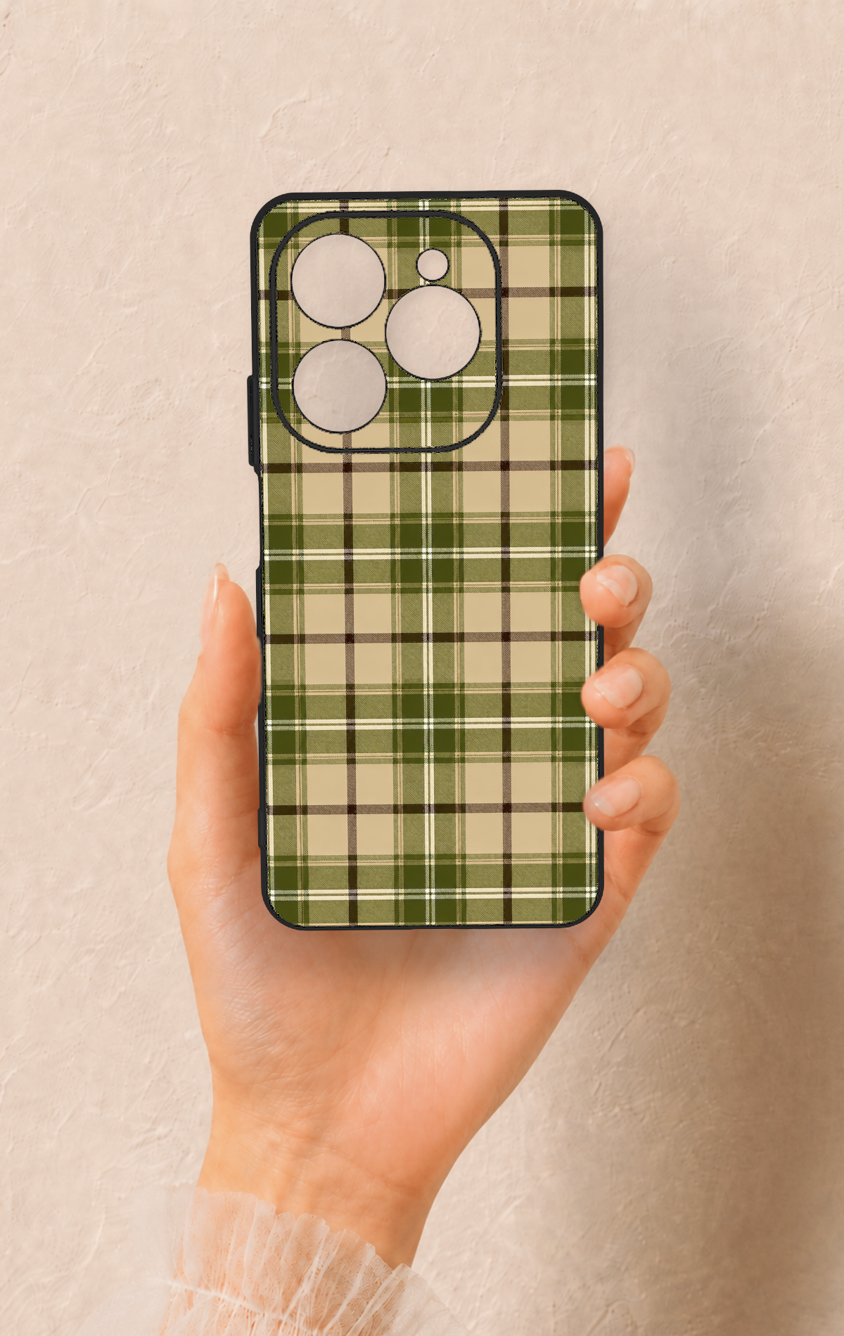 Tecno Spark 20 Pro Uyumlu Zeytin Yeşili Ekose Desenli Silikon Kılıf
