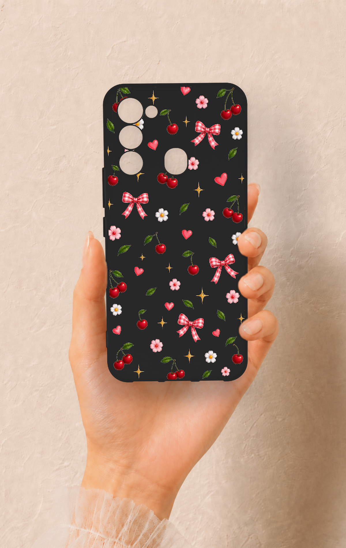 Tecno Spark 8C Uyumlu Papatya Kiraz Fiyonk Desenli Silikon Kılıf