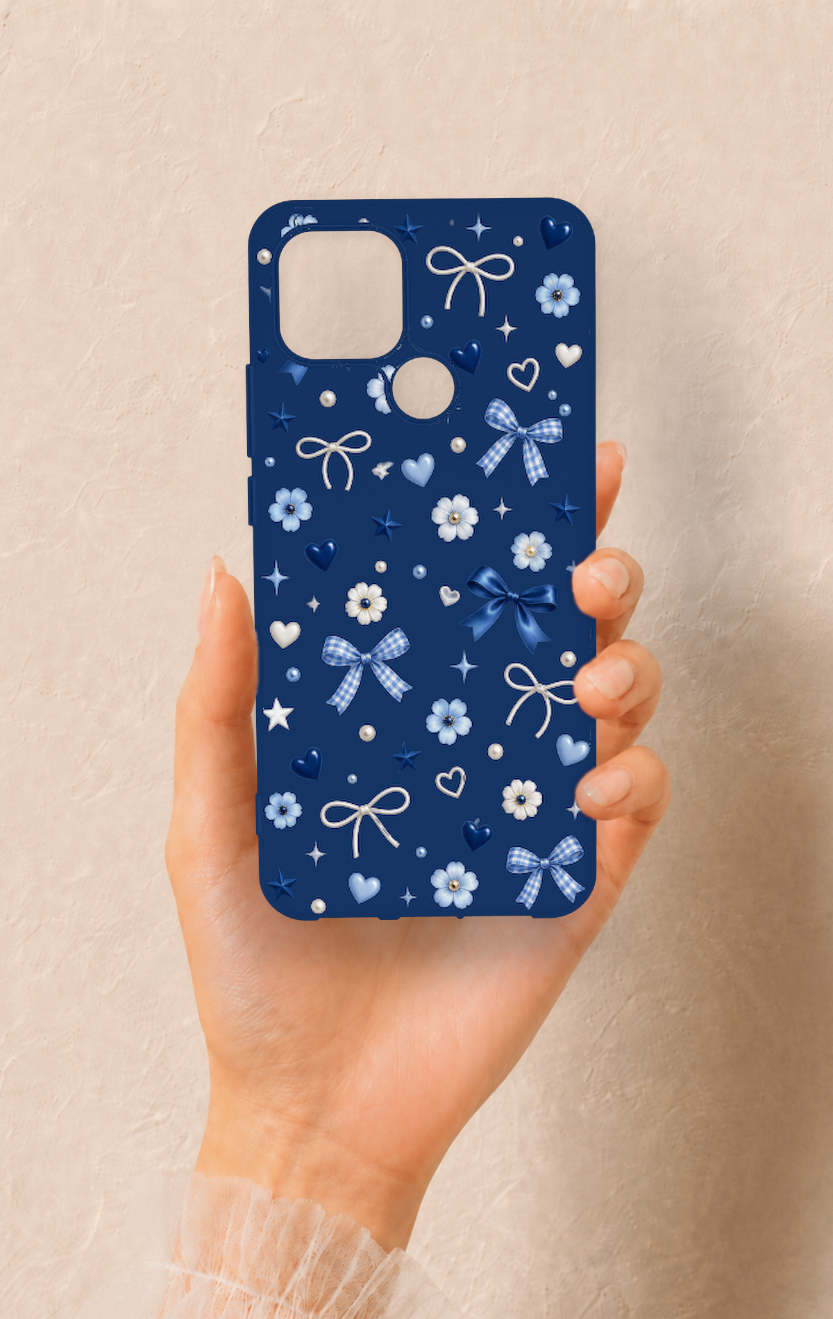 Oppo A15 Uyumlu Mavi Papatya Fiyonk Desenli Silikon Kılıf