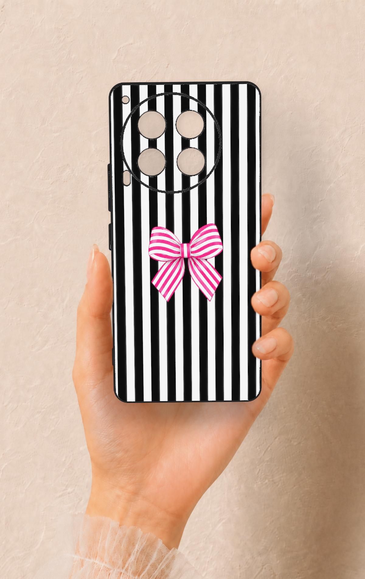 Tecno Camon 30 Uyumlu Pembe Beyaz Kurdele Desenli Silikon Kılıf