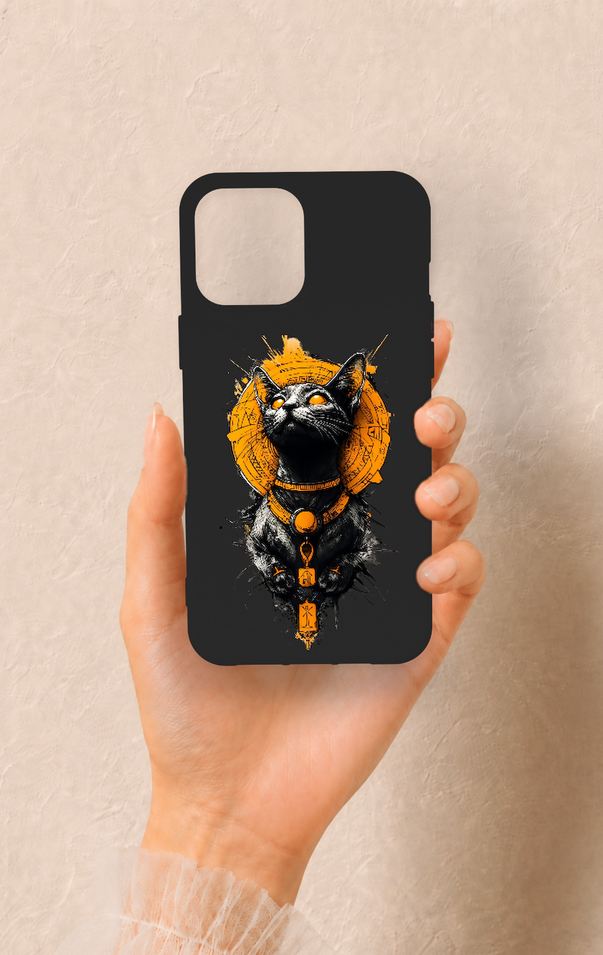 iPhone 12 Pro Max Uyumlu Mısırlı Kedi Tanrısı Desenli Silikon Kılıf