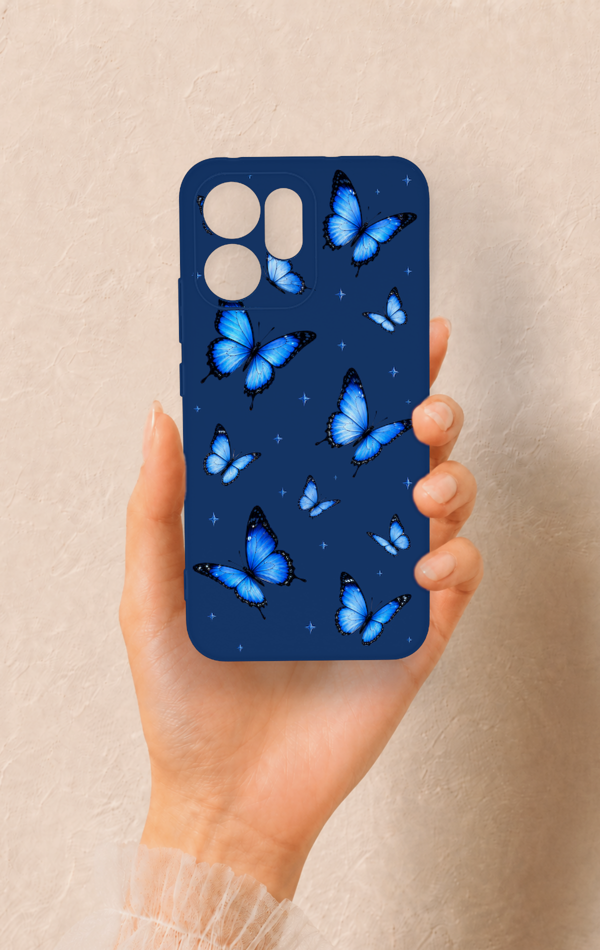 Oppo Reno 14F Uyumlu Parlak Mavi Kelebek Desenli Silikon Kılıf