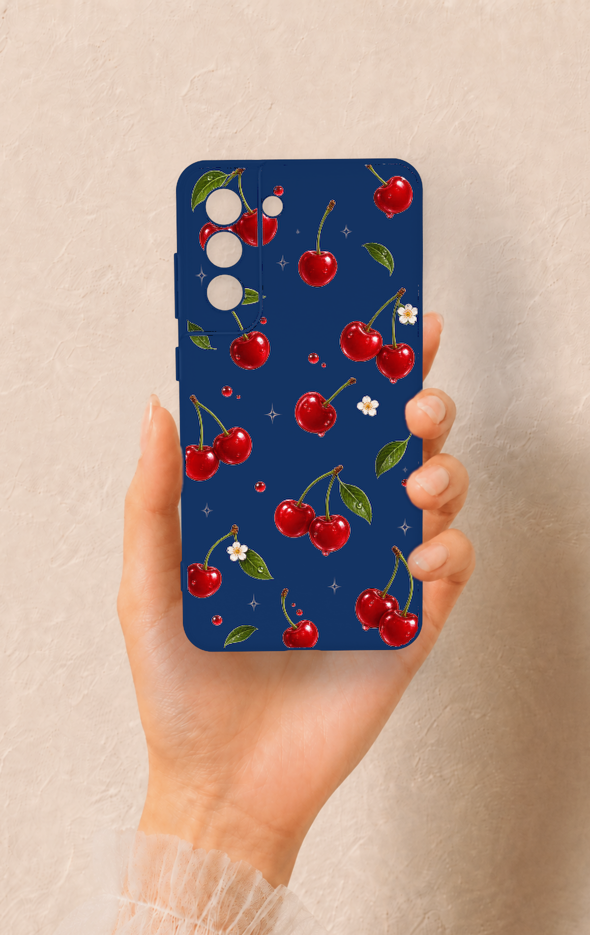 Samsung-S21FE Uyumlu Kiraz Papatya Desenli Silikon Kılıf