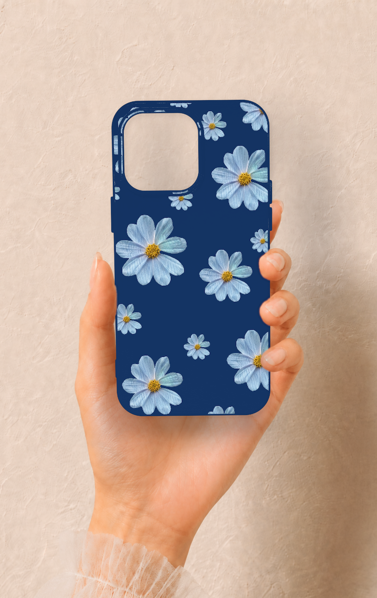 iPhone 15 Pro Max Uyumlu Mavi Papatya Desenli Silikon Kılıf