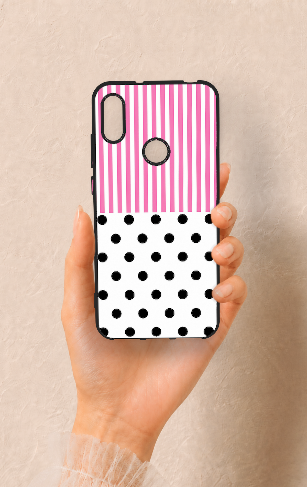 Huawei Y6 2019 Uyumlu Pembe Çizgili Puantiye Desenli Silikon Kılıf