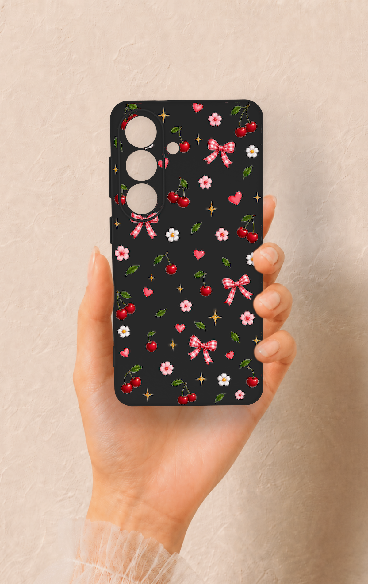 Samsung S26 Uyumlu Papatya Kiraz Fiyonk Desenli Silikon Kılıf