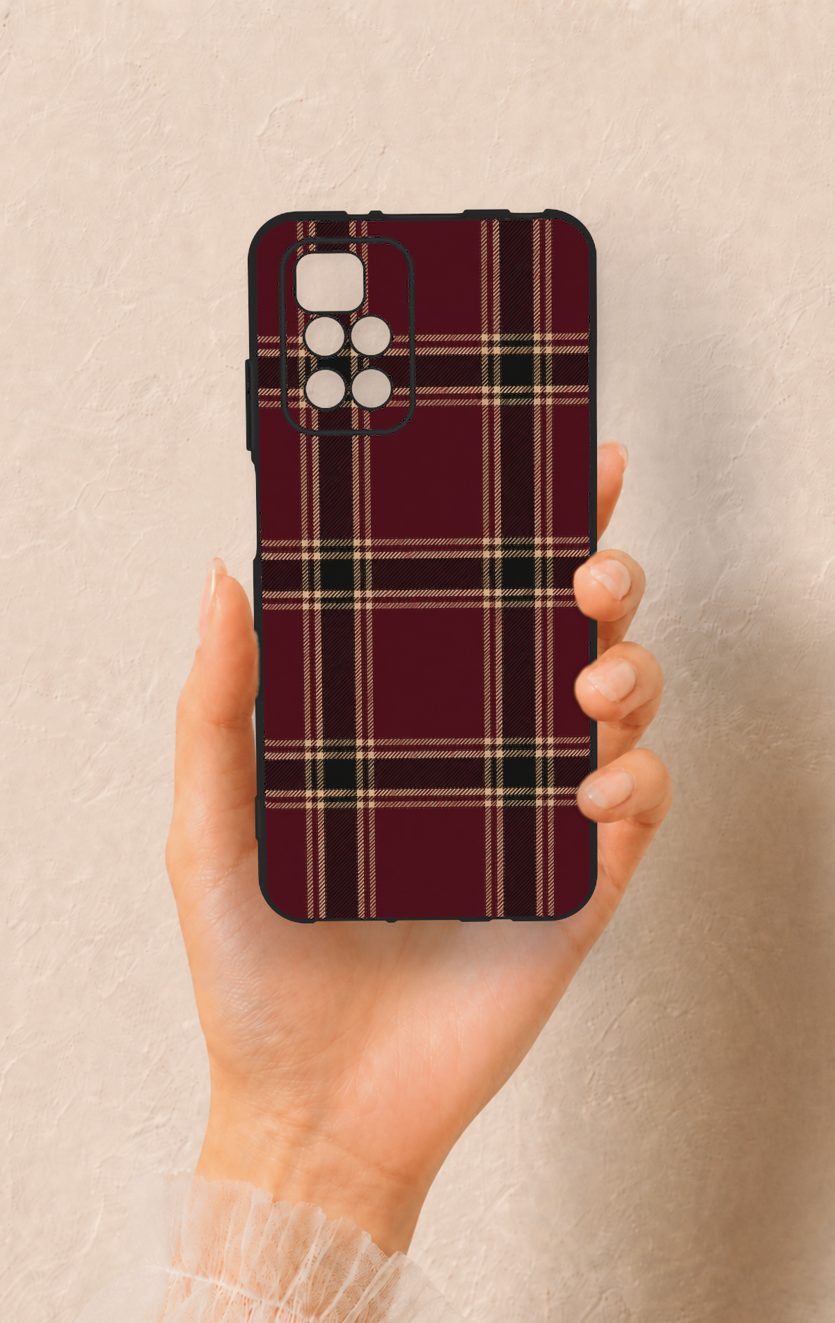 Redmi 10 2022 Uyumlu Bordo Siyah Ekose Desenli Silikon Kılıf