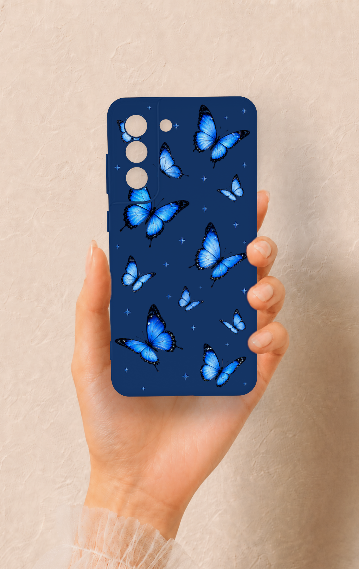 Samsung-S21FE Uyumlu Parlak Mavi Kelebek Desenli Silikon Kılıf