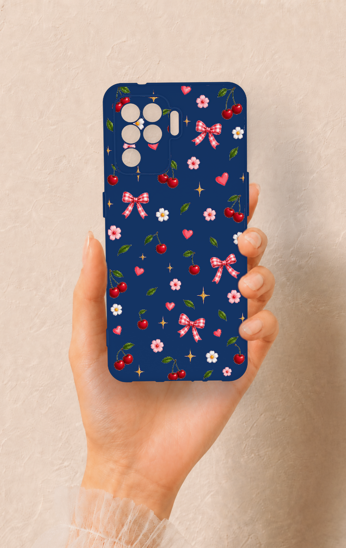 Oppo Reno 5 Lite Uyumlu Çiçek Kiraz Fiyonk Desenli Silikon Kılıf