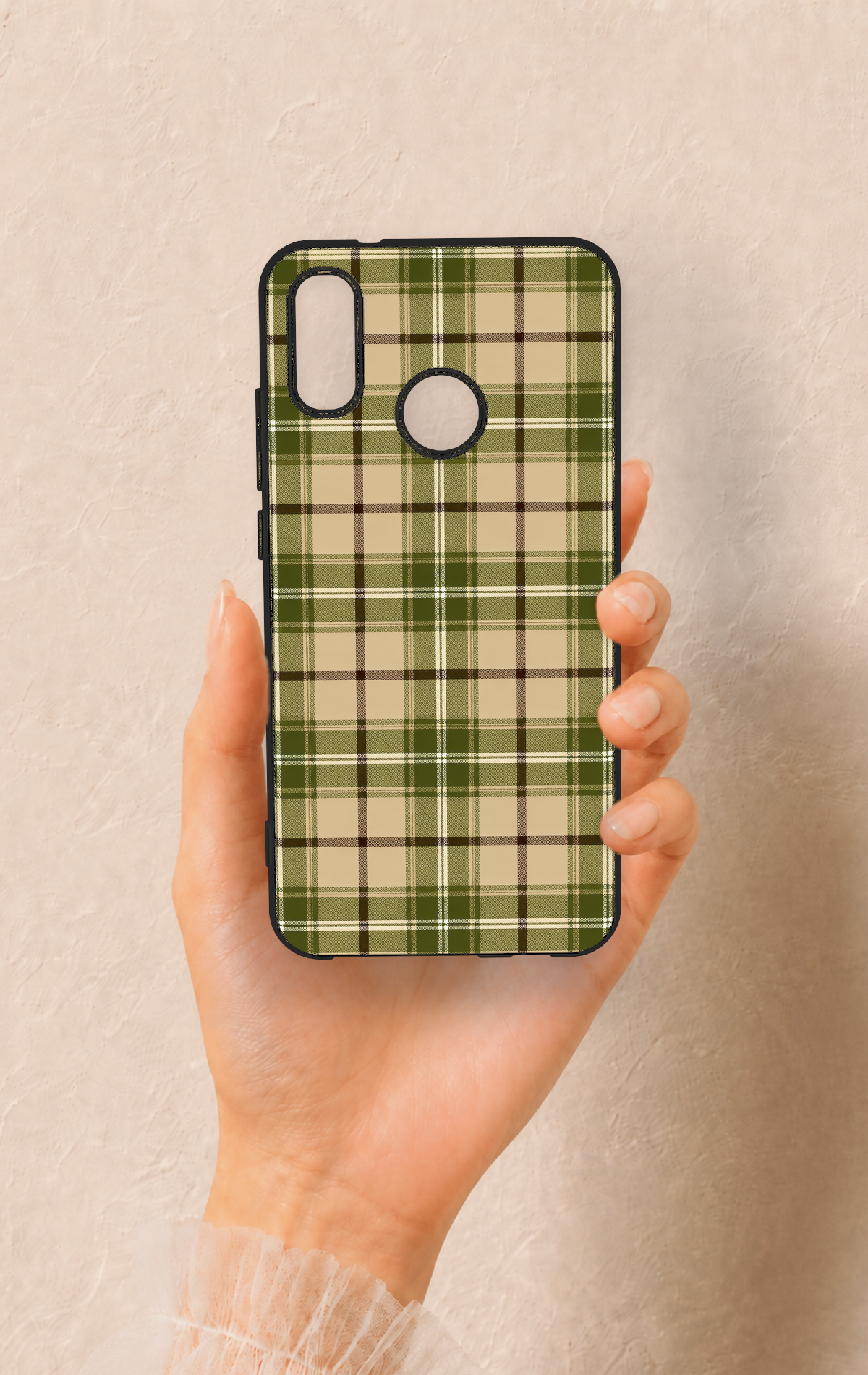 Huawei P20 Lite Uyumlu Zeytin Yeşili Ekose Desenli Silikon Kılıf