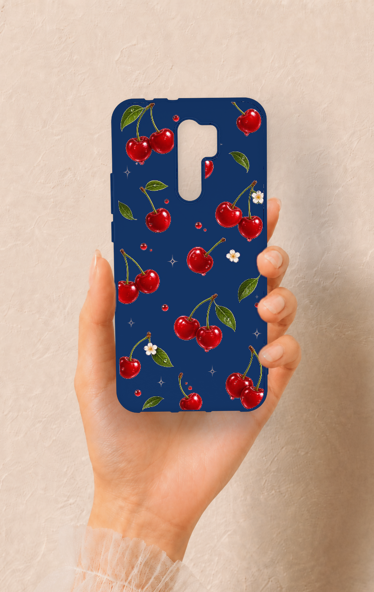 Redmi 9 Uyumlu Kiraz Papatya Desenli Silikon Kılıf