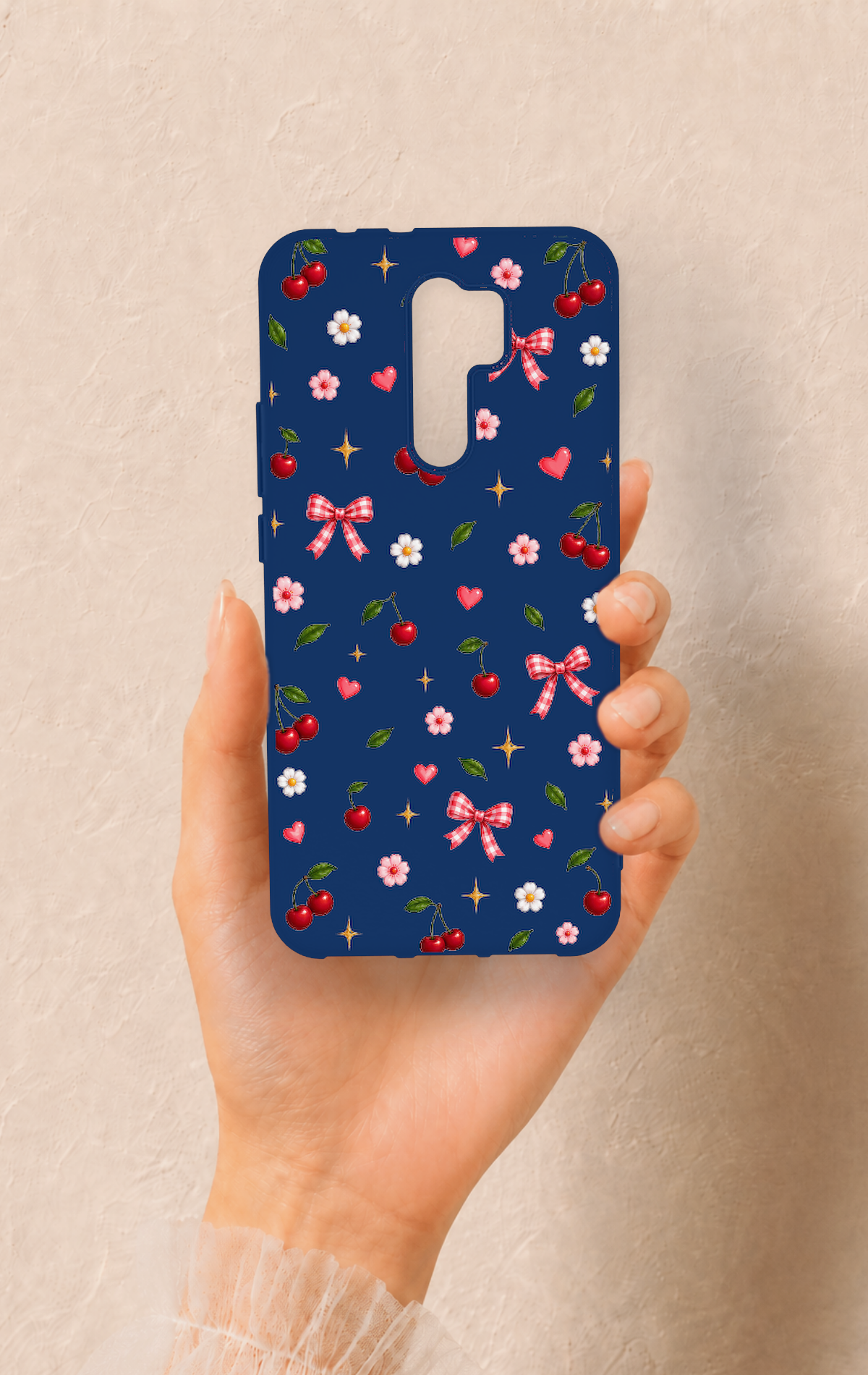Redmi 9 Uyumlu Çiçek Kiraz Fiyonk Desenli Silikon Kılıf