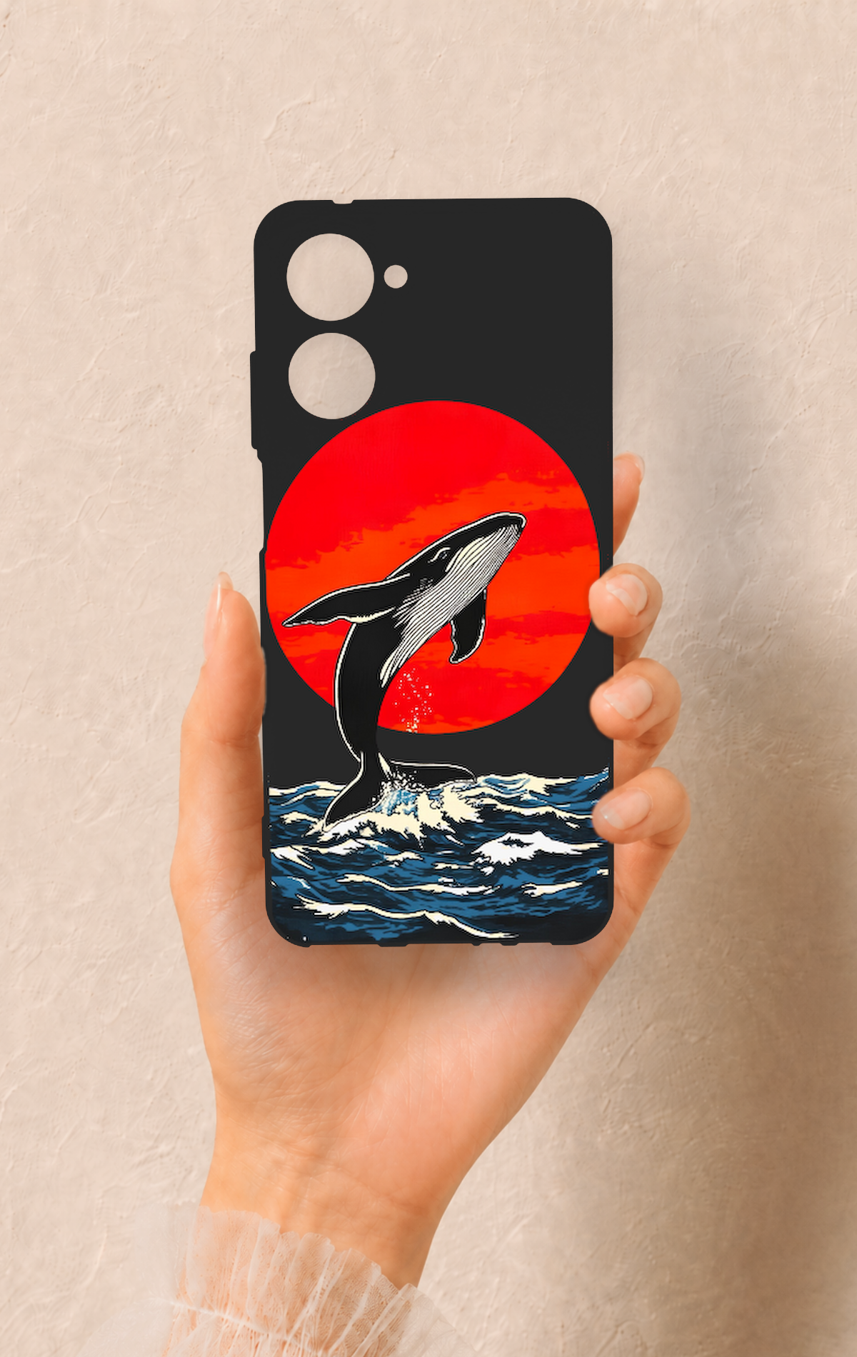 Realme 10 Uyumlu Kırmızı Güneş Balina Desenli Silikon Kılıf