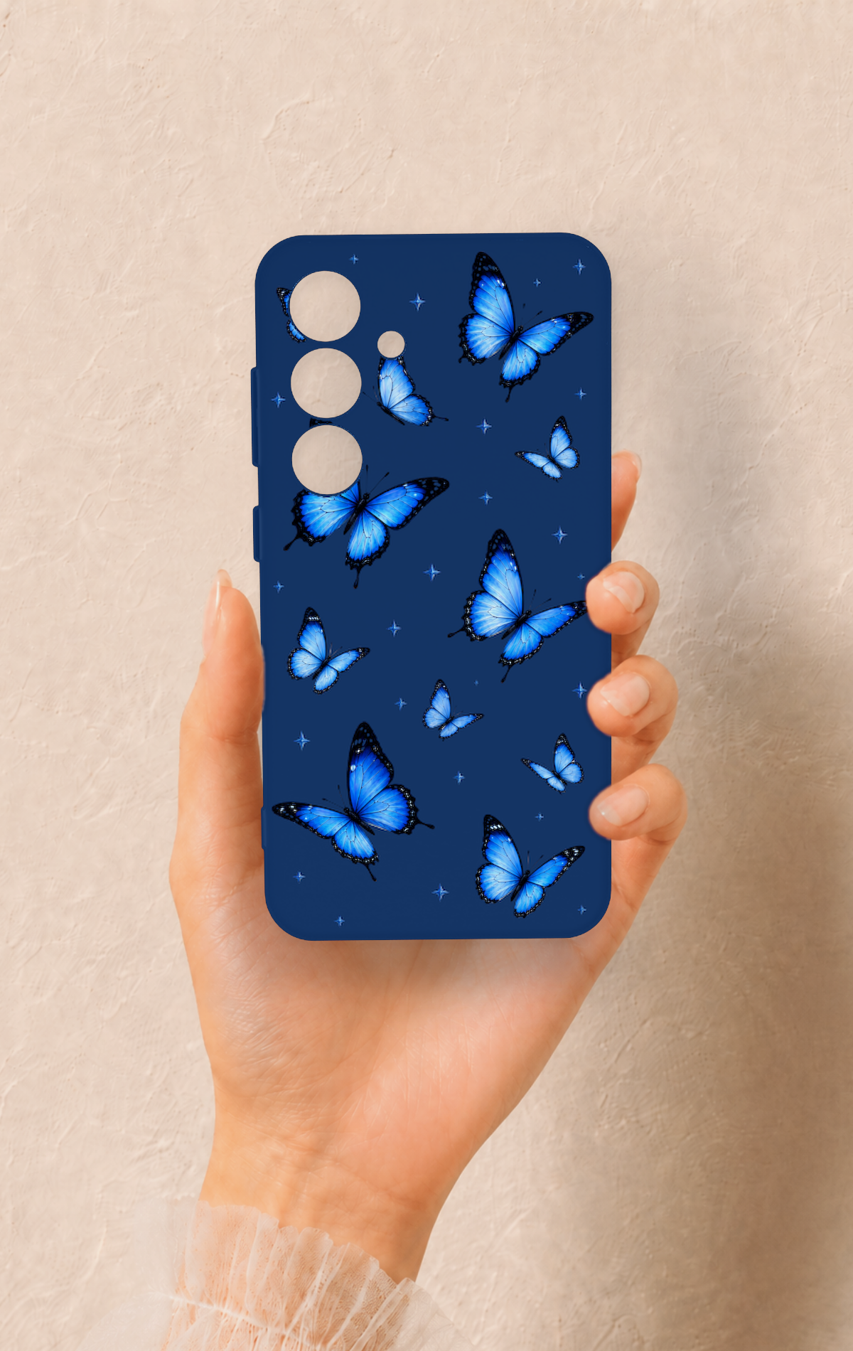Samsung S24 Uyumlu Parlak Mavi Kelebek Desenli Silikon Kılıf