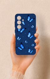 Samsung S24 Uyumlu Parlak Mavi Kelebek Desenli Silikon Kılıf