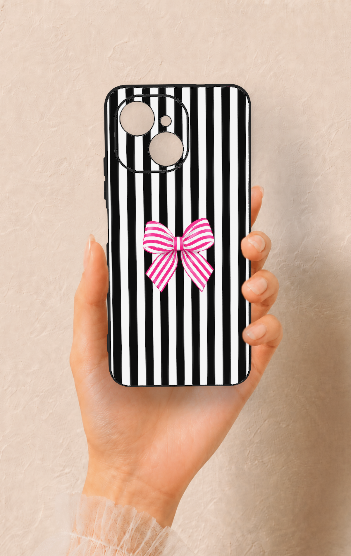 Tecno Spark 40C Uyumlu Pembe Beyaz Kurdele Desenli Silikon Kılıf