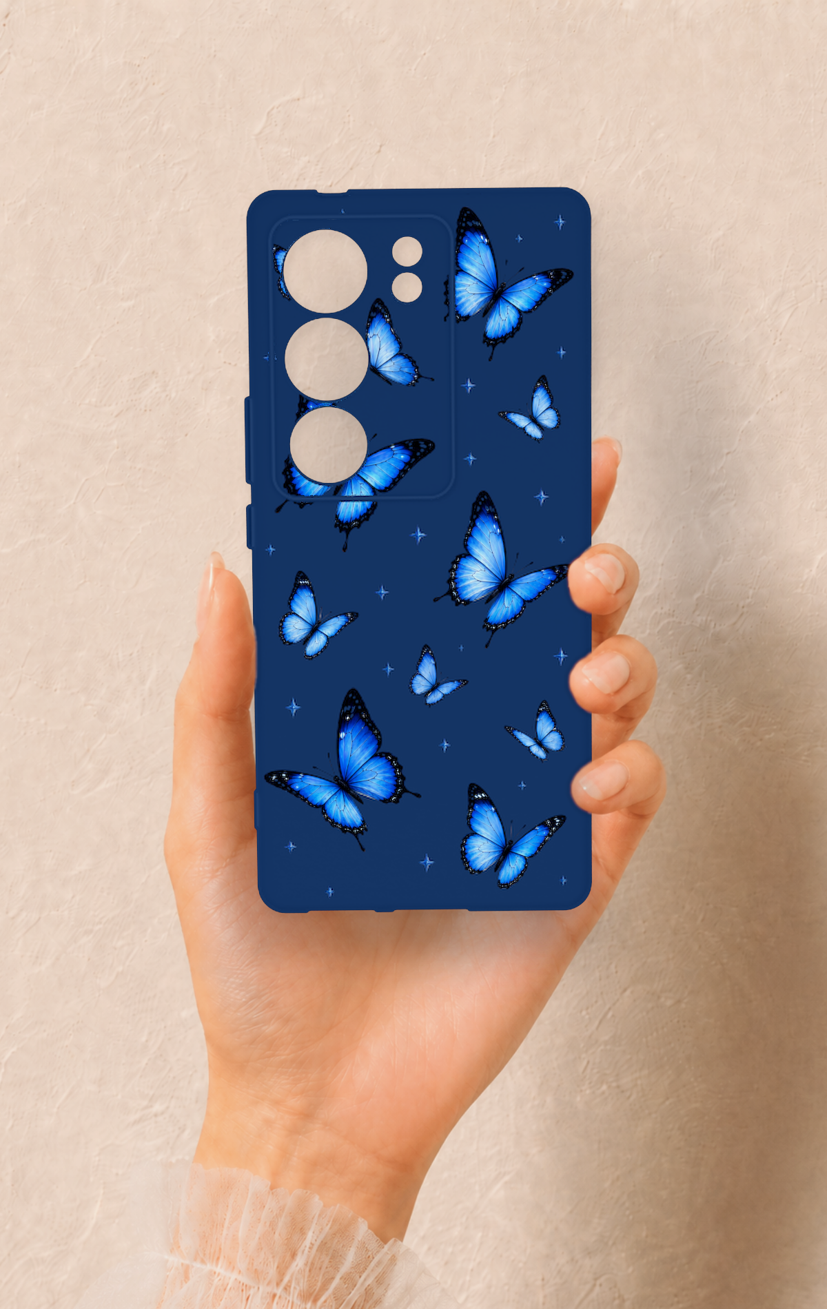 Vivo V29 Uyumlu Parlak Mavi Kelebek Desenli Silikon Kılıf