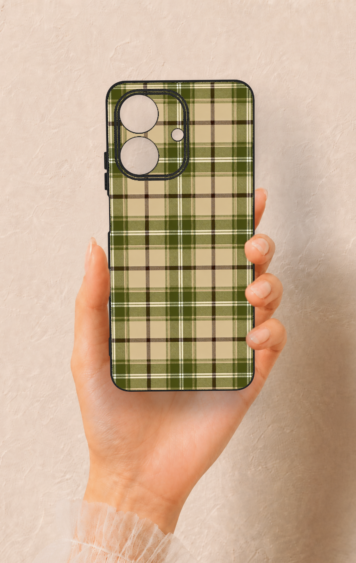 Realme Note 60 Uyumlu Zeytin Yeşili Ekose Desenli Silikon Kılıf