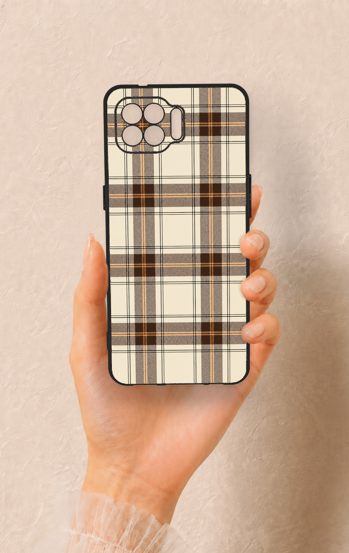 Oppo Reno 4 Lite Uyumlu Bej Kahverengi Ekose Desenli Silikon Kılıf
