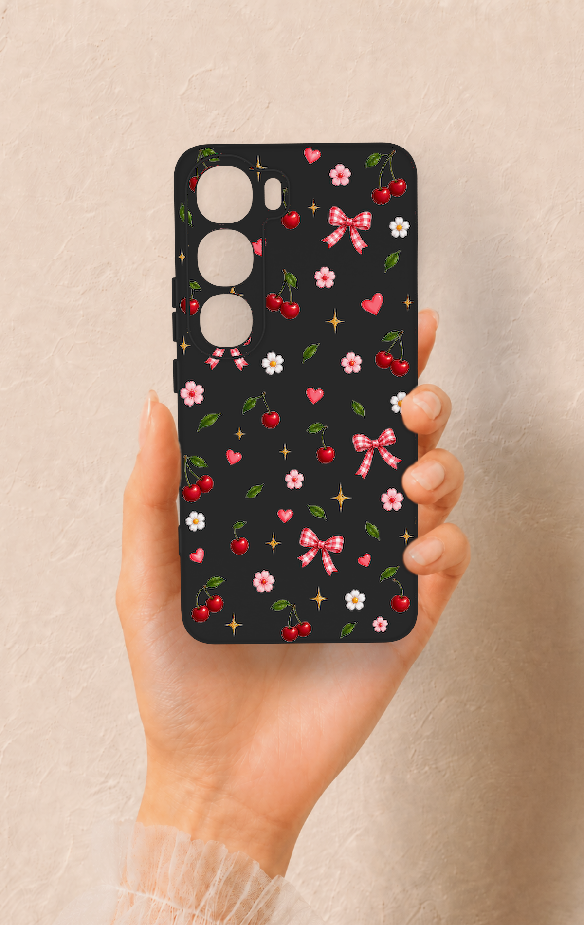 Vivo V40 Lite 5G Uyumlu Papatya Kiraz Fiyonk Desenli Silikon Kılıf