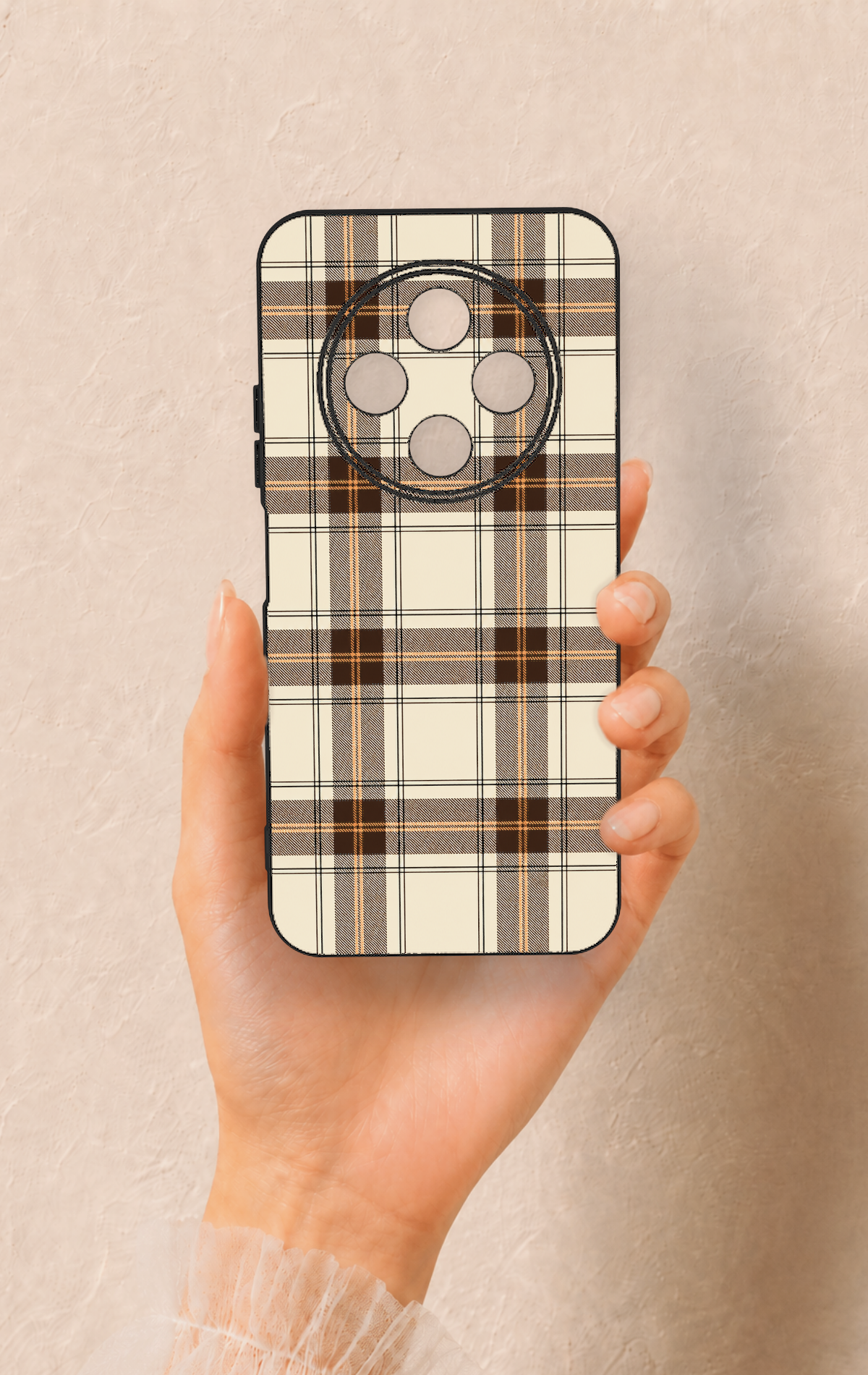 Tecno Spark 30C Uyumlu Bej Kahverengi Ekose Desenli Silikon Kılıf