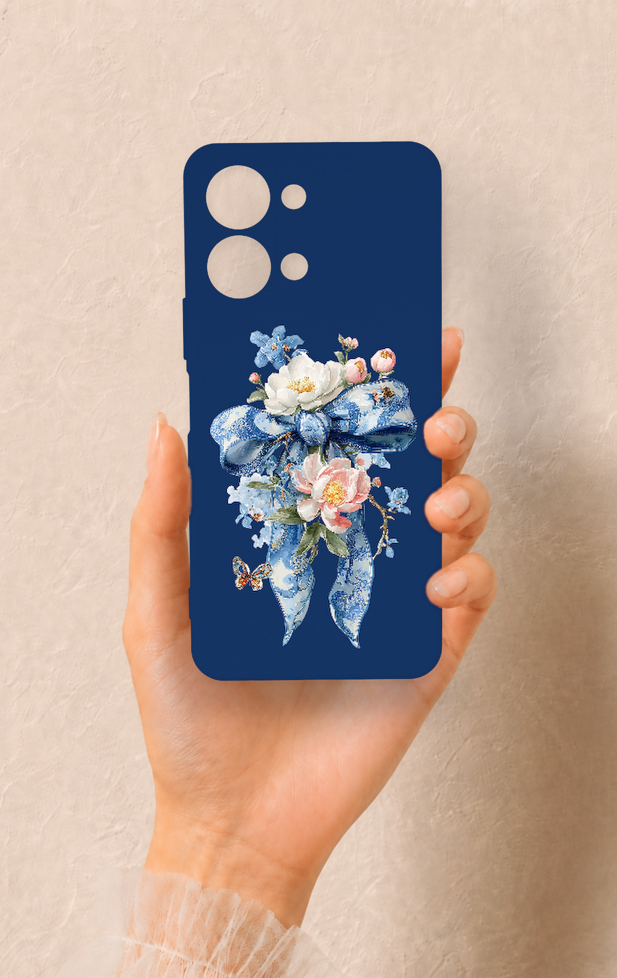 Vivo Y05 4G Uyumlu Mavi Kurdeleli Çiçek Desenli Silikon Kılıf