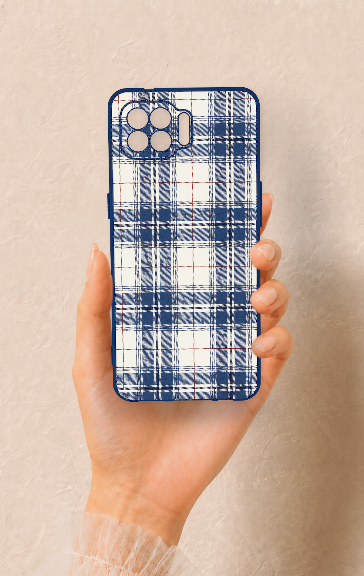 Oppo Reno 4 Lite Uyumlu Bej Lacivert Ekose Desenli Silikon Kılıf