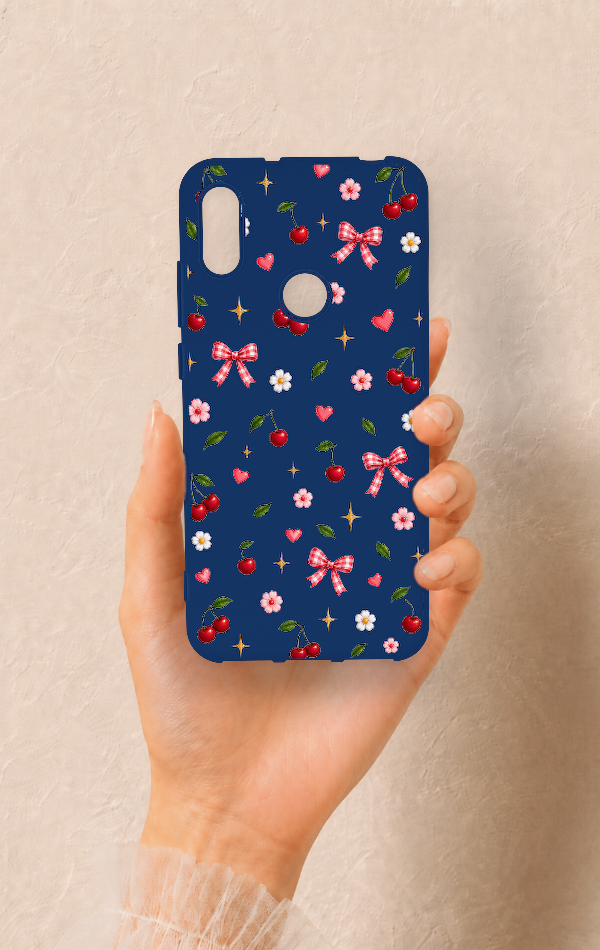 Huawei Y6 2019 Uyumlu Çiçek Kiraz Fiyonk Desenli Silikon Kılıf