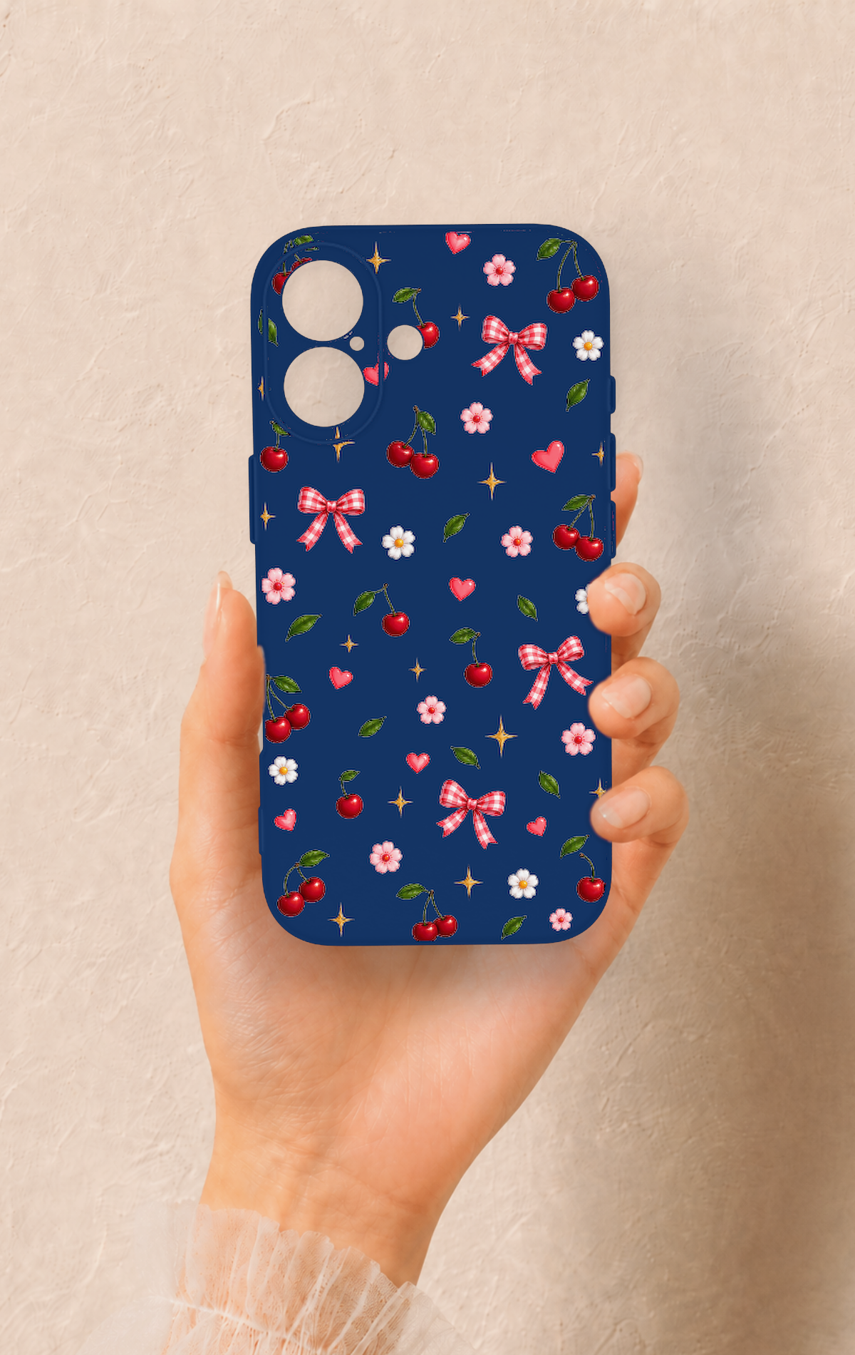 iPhone 17 Uyumlu Çiçek Kiraz Fiyonk Desenli Silikon Kılıf