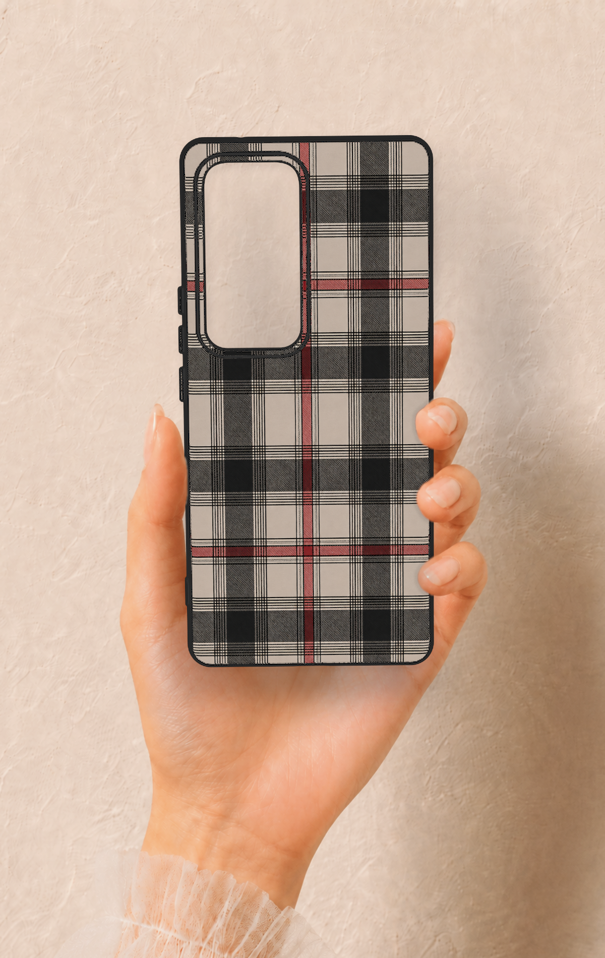 Vivo V30 Uyumlu Siyah Kırmızı Ekose Desenli Silikon Kılıf