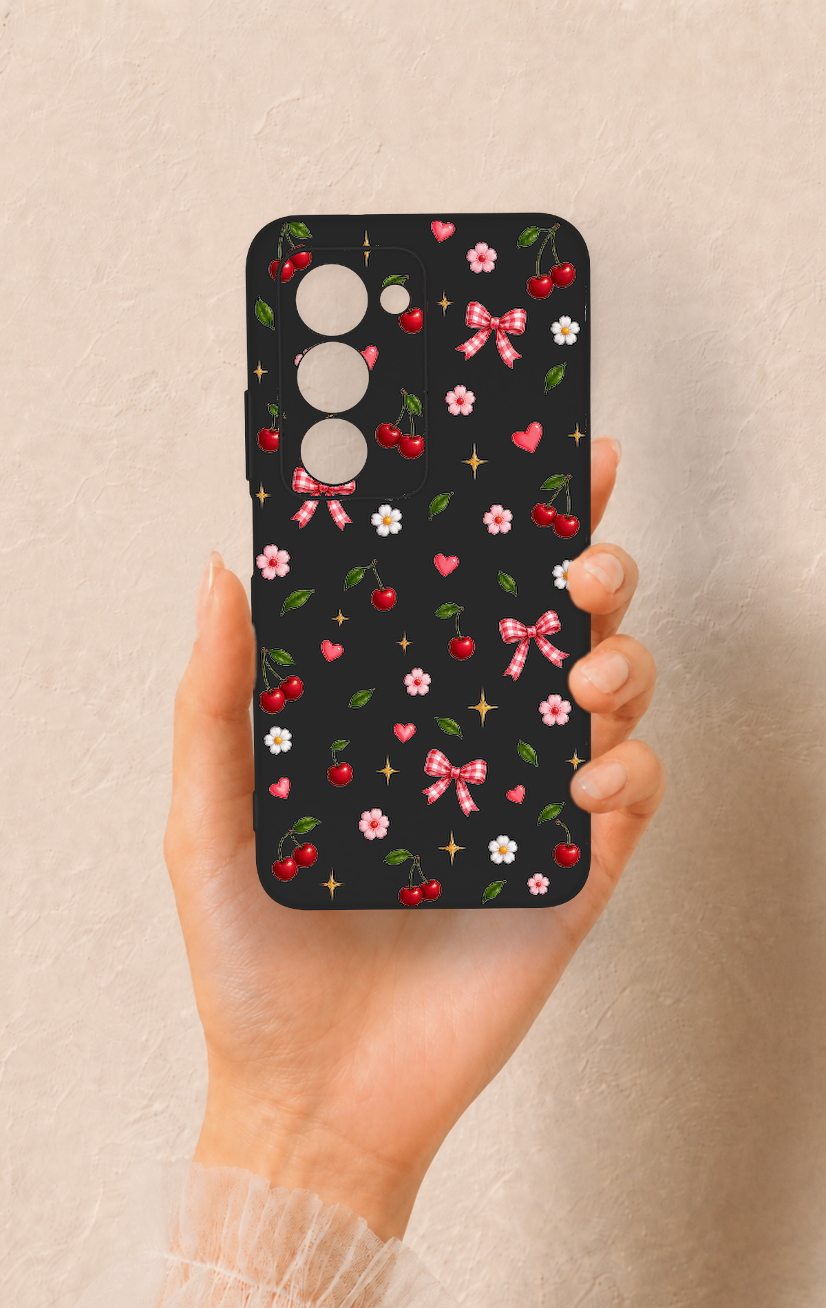 Redmi 15 5G Uyumlu Papatya Kiraz Fiyonk Desenli Silikon Kılıf