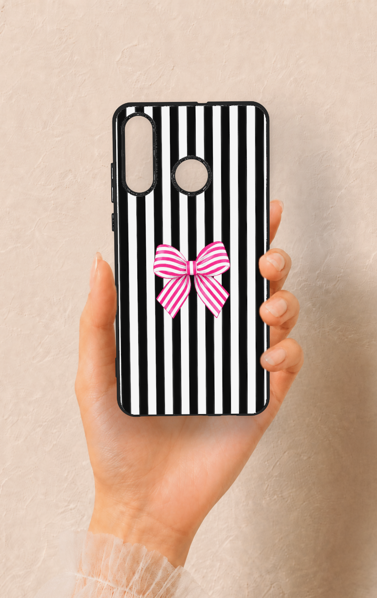 Huawei P30 Lite Uyumlu Pembe Beyaz Kurdele Desenli Silikon Kılıf