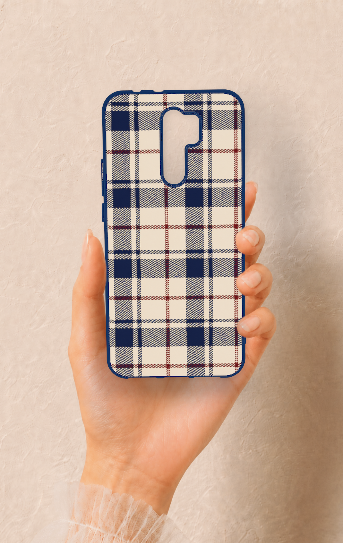 Redmi 9 Uyumlu Mavi Bordo Çizgili Ekose Desenli Silikon Kılıf
