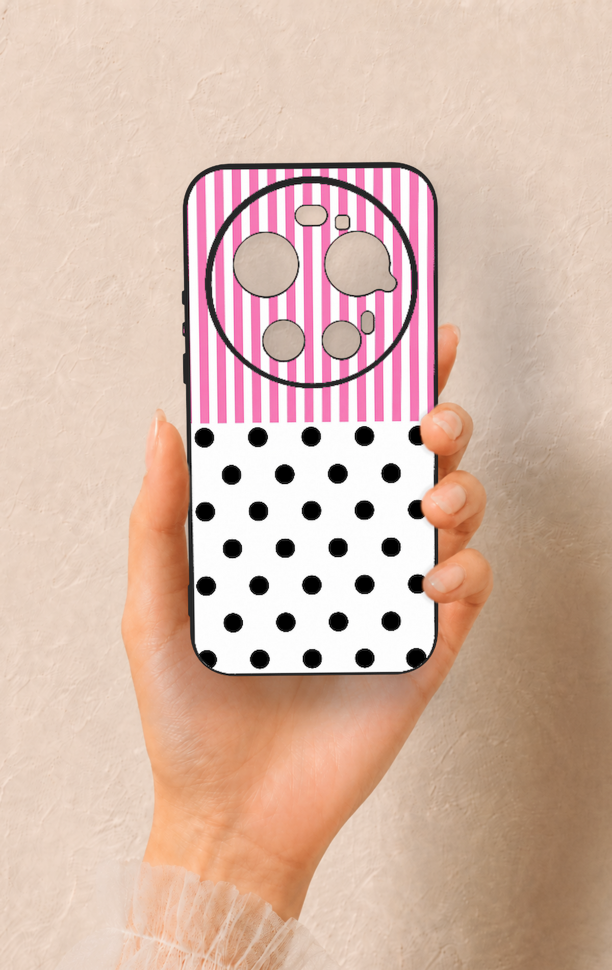 Mi 17 Ultra Uyumlu Pembe Çizgili Puantiye Desenli Silikon Kılıf