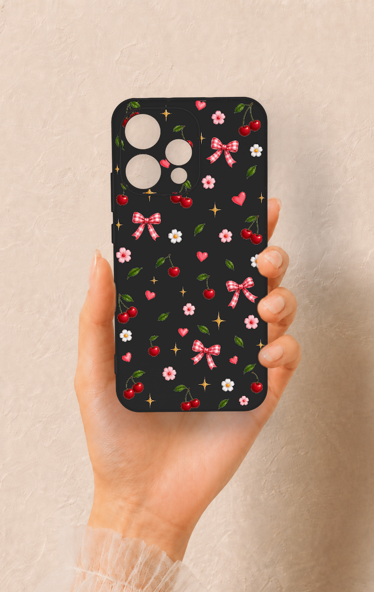 Oppo Reno 15 5G Uyumlu Papatya Kiraz Fiyonk Desenli Silikon Kılıf