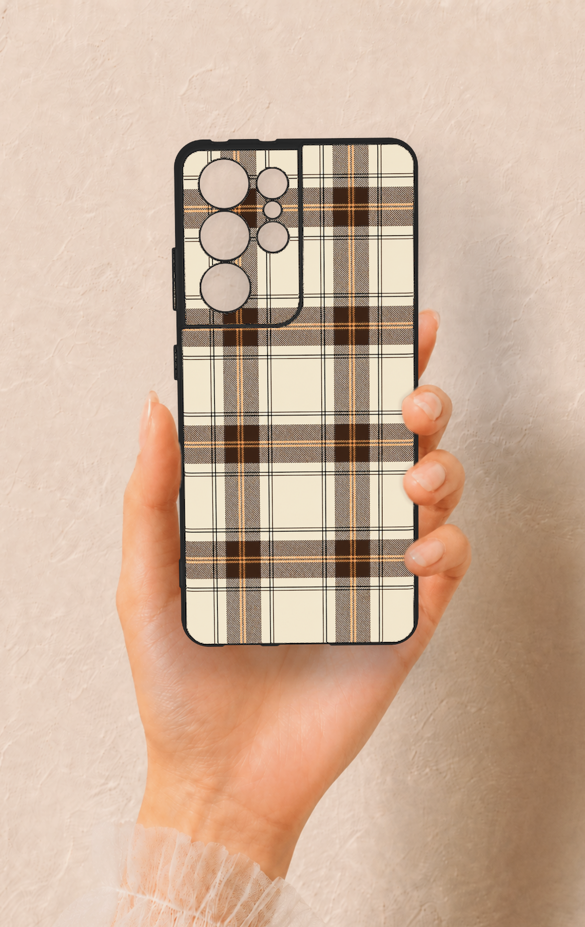 Samsung S21 Ultra Uyumlu Bej Kahverengi Ekose Desenli Silikon Kılıf