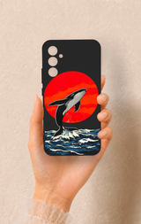 Samsung A34 Uyumlu Kırmızı Güneş Balina Desenli Silikon Kılıf