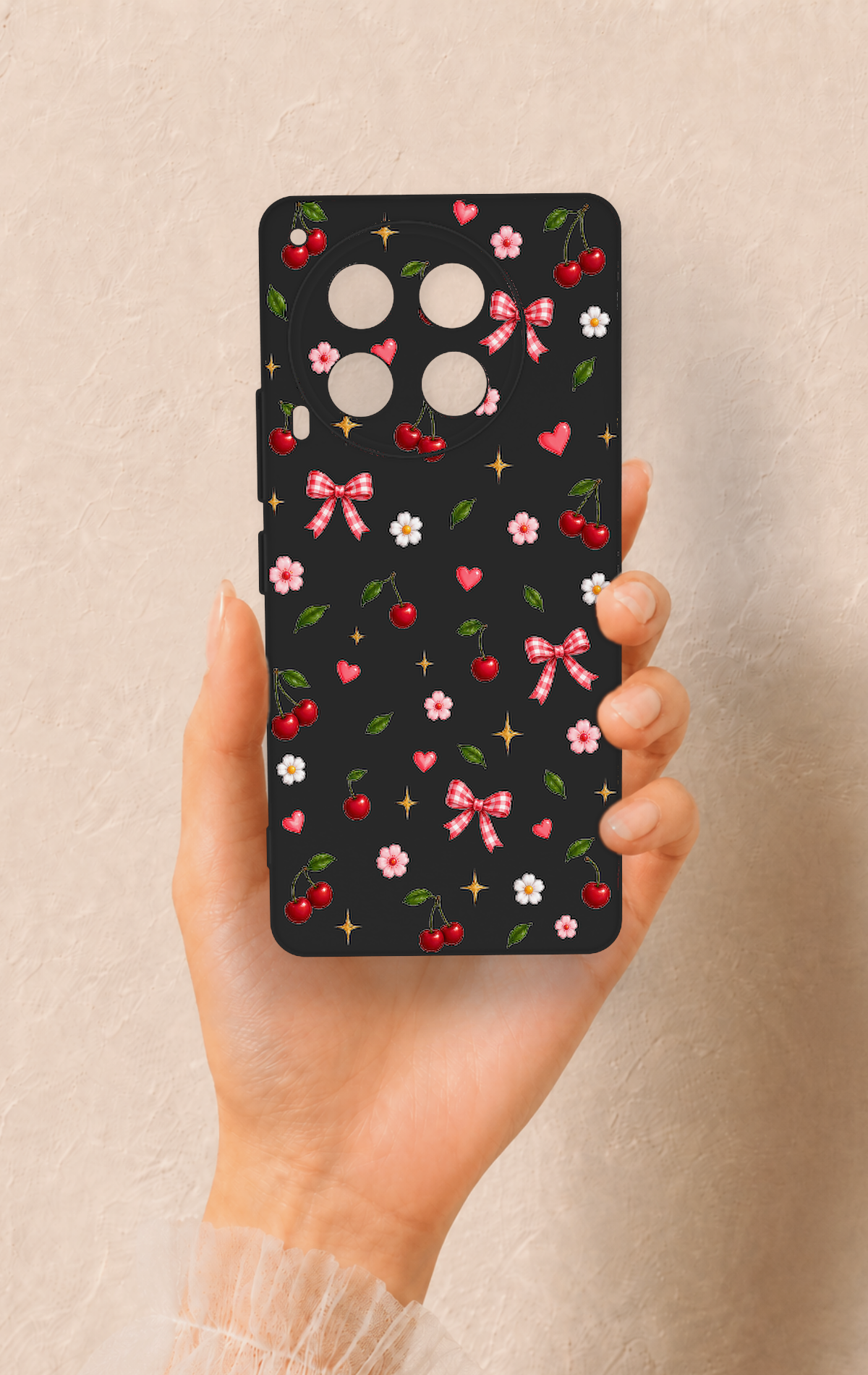 Tecno Camon 30 Uyumlu Papatya Kiraz Fiyonk Desenli Silikon Kılıf