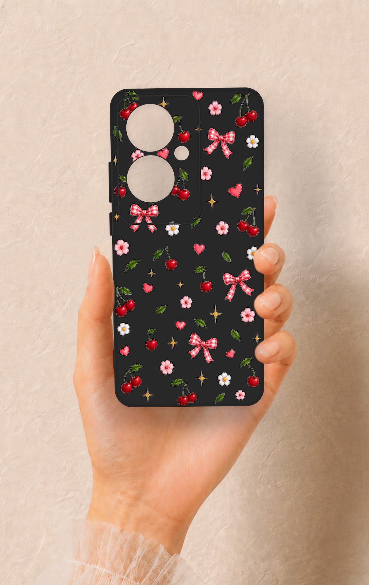 Oppo Reno 11F Uyumlu Papatya Kiraz Fiyonk Desenli Silikon Kılıf