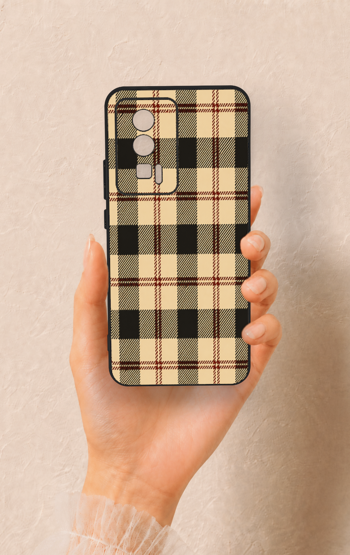 Poco F5 Pro Uyumlu Krem Ekose Desenli Silikon Kılıf