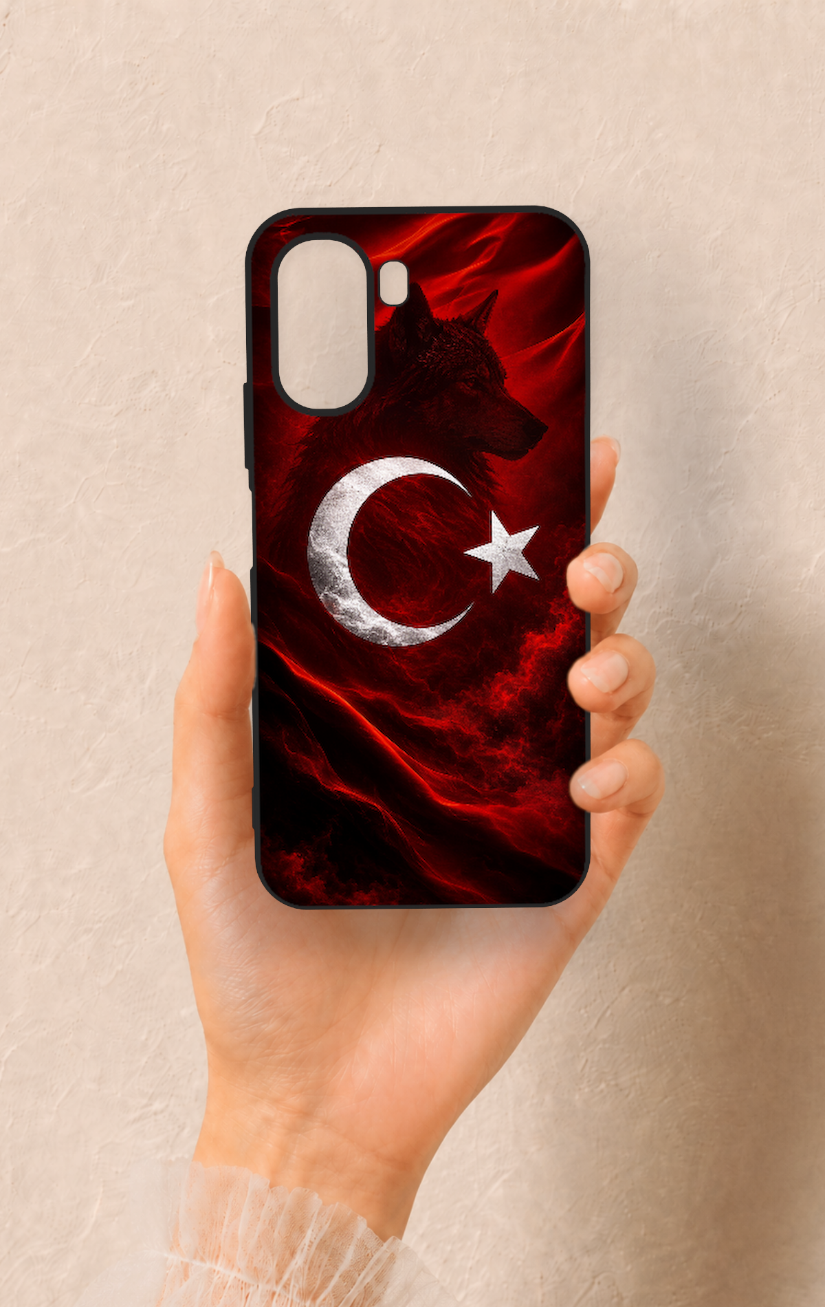 Oppo A6T Uyumlu Kurt Türk Bayrağı Desenli Silikon Kılıf