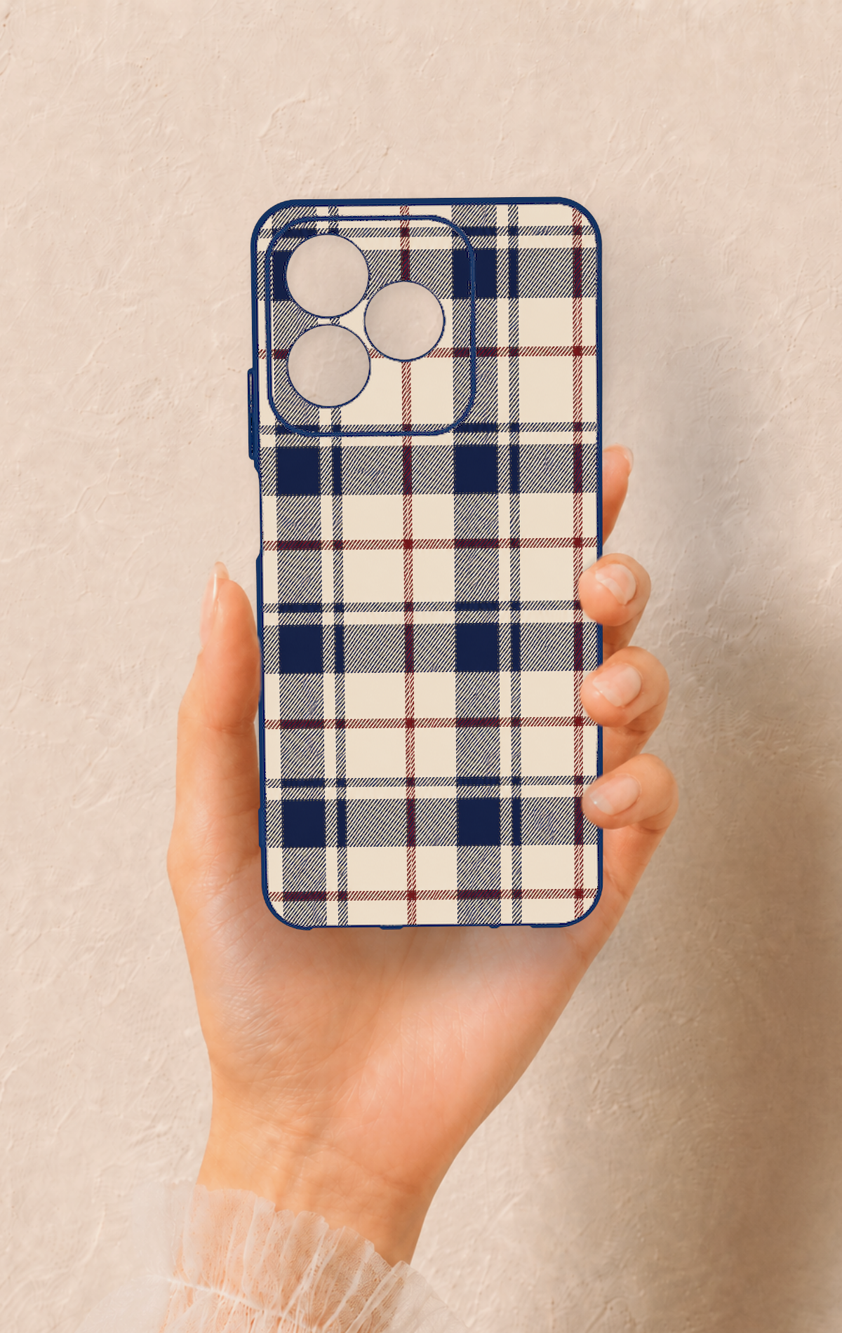 Realme C53 Uyumlu Mavi Bordo Çizgili Ekose Desenli Silikon Kılıf