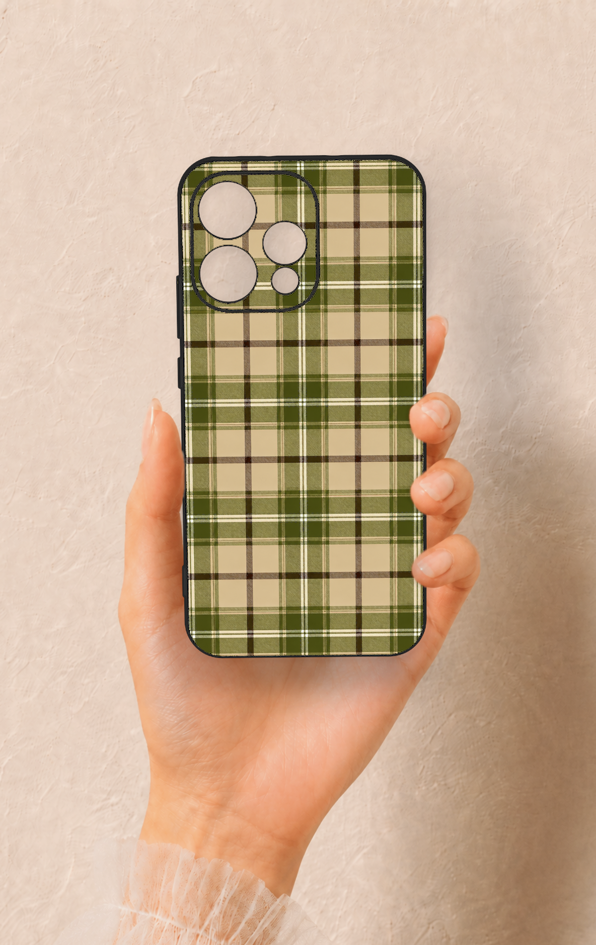 Oppo Reno 15 5G Uyumlu Zeytin Yeşili Ekose Desenli Silikon Kılıf