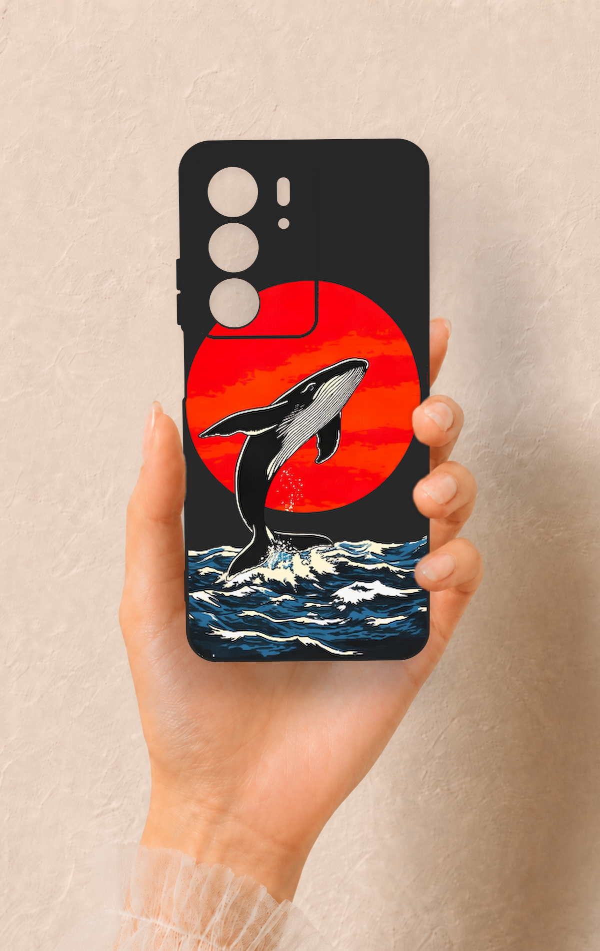 Realme C75 Uyumlu Kırmızı Güneş Balina Desenli Silikon Kılıf