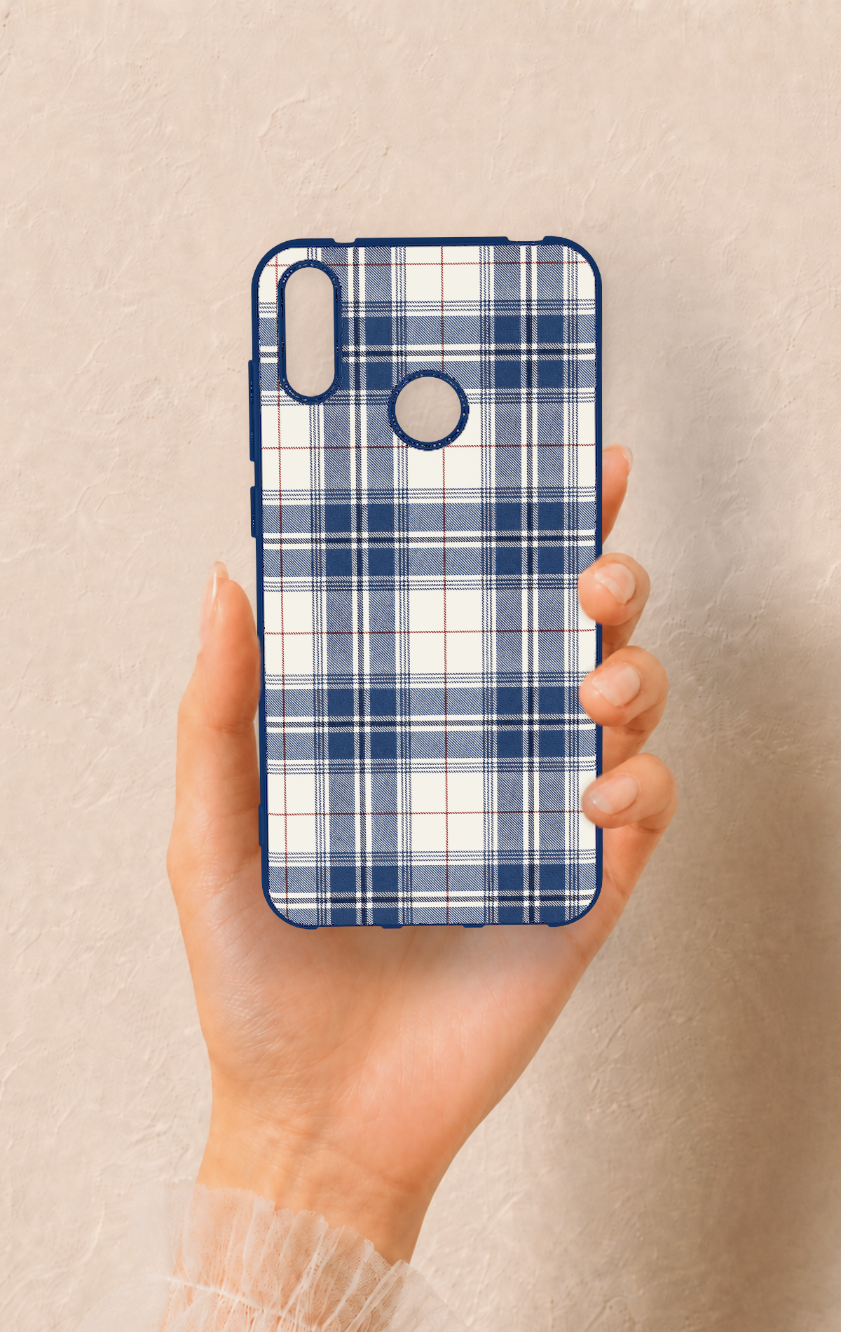 Huawei Y7 2019 Uyumlu Bej Lacivert Ekose Desenli Silikon Kılıf