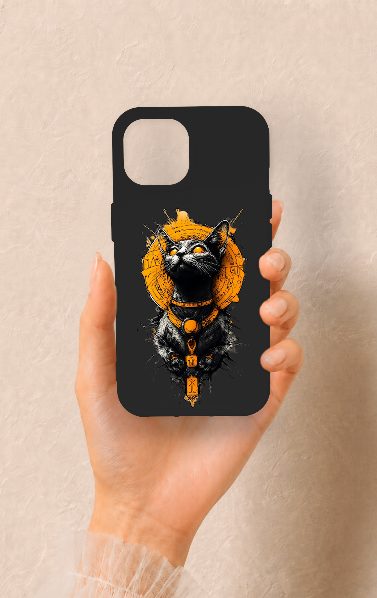 iPhone 15 Uyumlu Mısırlı Kedi Tanrısı Desenli Silikon Kılıf