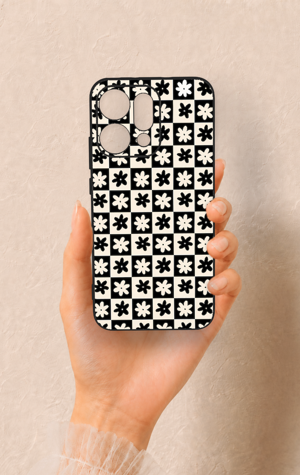 Oppo Reno 14 Uyumlu Çiçek Motifli Dama Desenli Silikon Kılıf