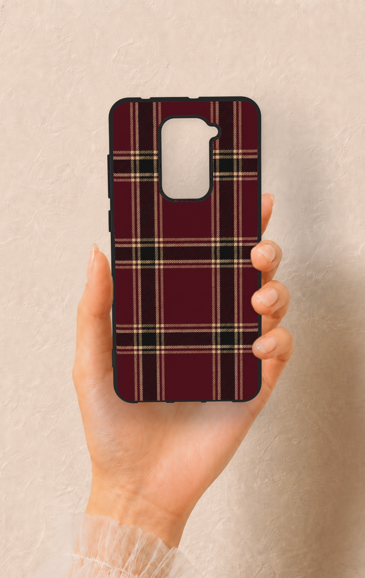 Redmi Note 9 Uyumlu Bordo Siyah Ekose Desenli Silikon Kılıf