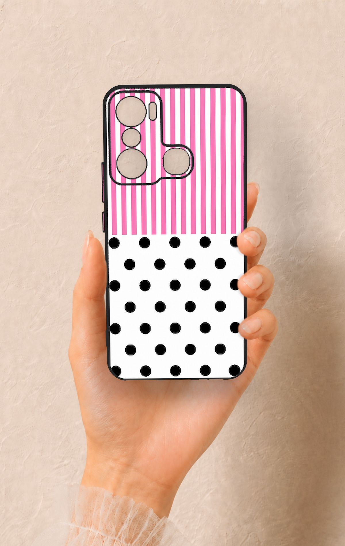 İnfinix Hot 20i Uyumlu Pembe Çizgili Puantiye Desenli Silikon Kılıf